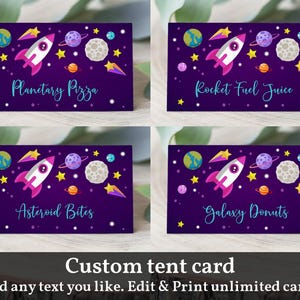 Anniversaire fille dans l'espace nourriture tente carte astronaute marque-place imprimable décoration galaxie explosion solaire téléchargement MODIFIABLE Bir204 Bab83