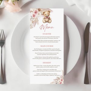 Modello di menu per feste con orsetto rosa, modificabile, possiamo aspettare a lungo, menu per baby shower, stampabile, menu con orsetto boho, decorazioni per compleanno con erba della pampa Bab250