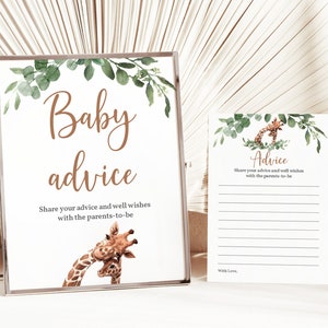 Conseils pour les futurs parents baby shower girafe Cartes-conseils et enseigne Animaux de safari Jungle tropicale Verdure Modifiable Imprimable Numérique Bab36