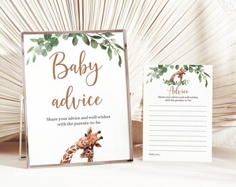 Baby Shower Advice Cards: Giraffe, Tropical Greenery - Editable Digital Bab36