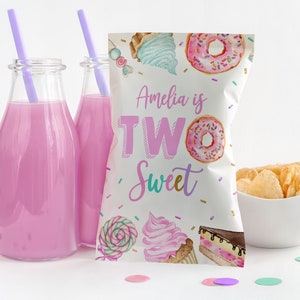 Zwei süße Geburtstag Chip Tasche Pastel Sweets Party Donut Candy Eis Cupcake 2 Geburtstag Dessert Gunst Bearbeitbar Druckbar Download Bir338