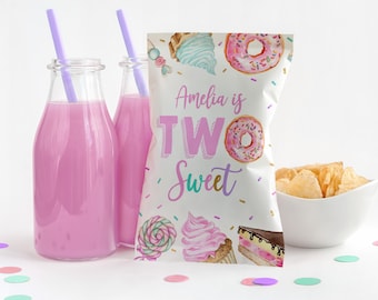 Two Sweet Birthday Chip Bag - Pastel Donut and Ice Cream Party Favor Bir338