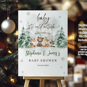Cartello di benvenuto per baby shower nel bosco invernale Poster di benvenuto per animali del bosco Paese delle meraviglie invernale Fiocco di neve Digitale modificabile Stampabile Bab232