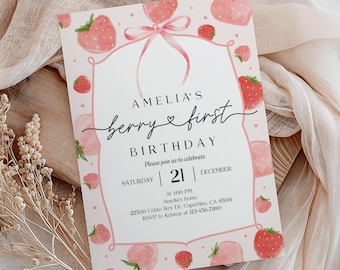 Strawberry First Birthday Invitation: Editable Pink Ribbon Bir429