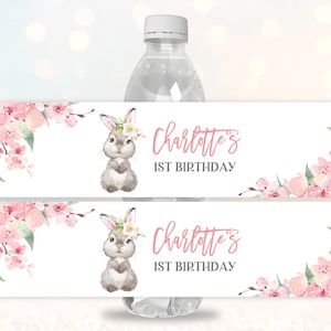 Hase Geburtstag Wasserflasche Etikett Kaninchen Party Etikett Spring Party Favor Girl 1st Pink Sakura Floral Printable Bearbeitbares Download EaBir1