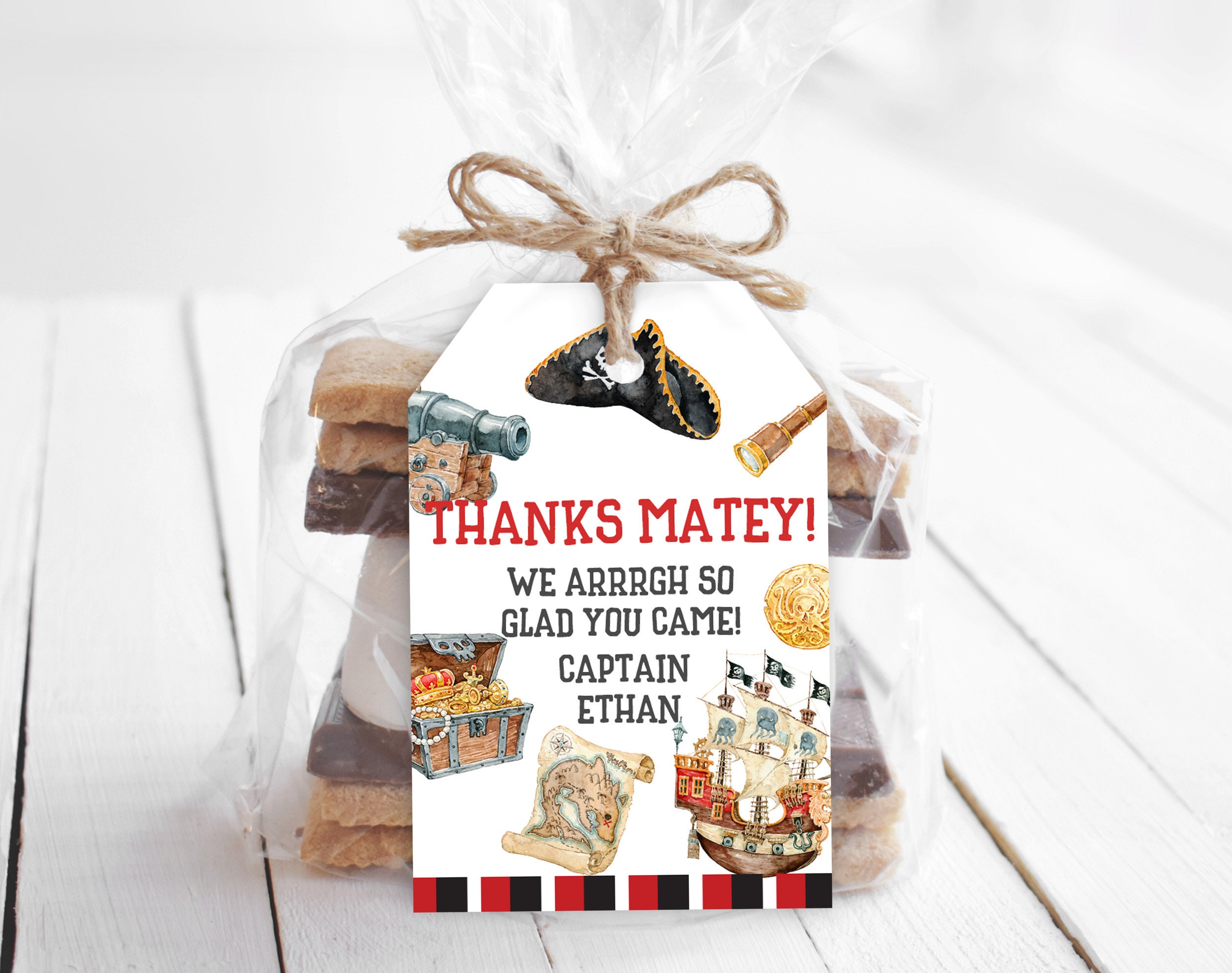 5 x Personalised PIRATE themed party bag tags swing tags gift labels sweet  cones