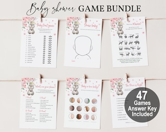 May include: A set of 47 printable baby shower games with a pink and floral theme. The games include "Baby Trait Game", "Draw Baby", "Who is Mama?", "What's on Your Phone?", "Baby or Beer Belly?", and "The Price is Right".
