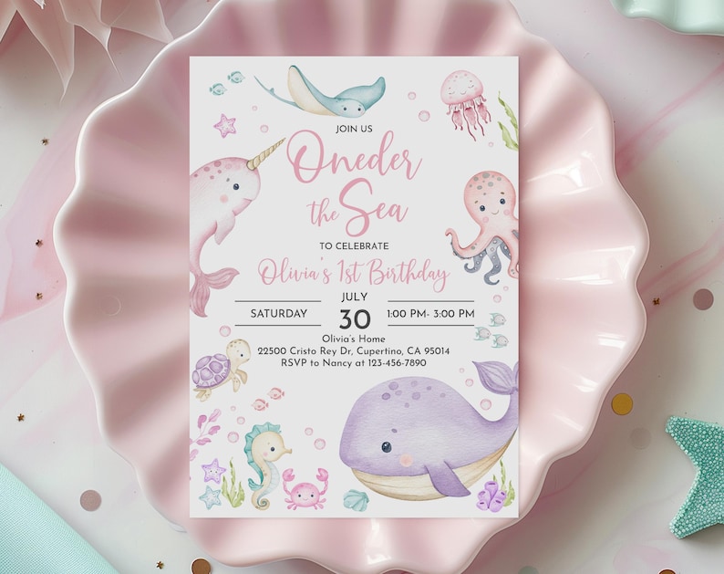 Invitación de cumpleaños: Animales marinos del fondo del mar - Plantilla editable Bir463 imagen 1