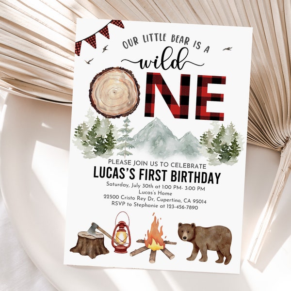 Lumberjack First Birthday Invitation Wild One Boy Birthday Invite Printable Rustic Bear Buffalo Plaid Wilderness Editable Download Bir364
