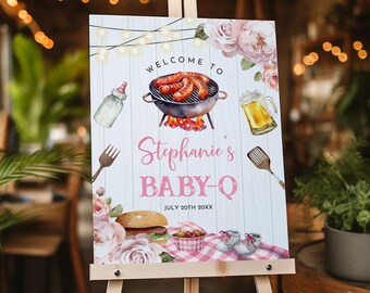 Cartello di benvenuto rosa BabyQ: decorazione per baby shower con barbecue modificabile Bab287