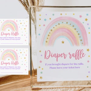 Windel-Verlosung Zeichen und Ticket Pastell Regenbogen Babyparty Windel Raffle Spiel-Zeichen Mädchen-Rosa-Gold-Glitter Bearbeitbare Druckbare Download Bab155