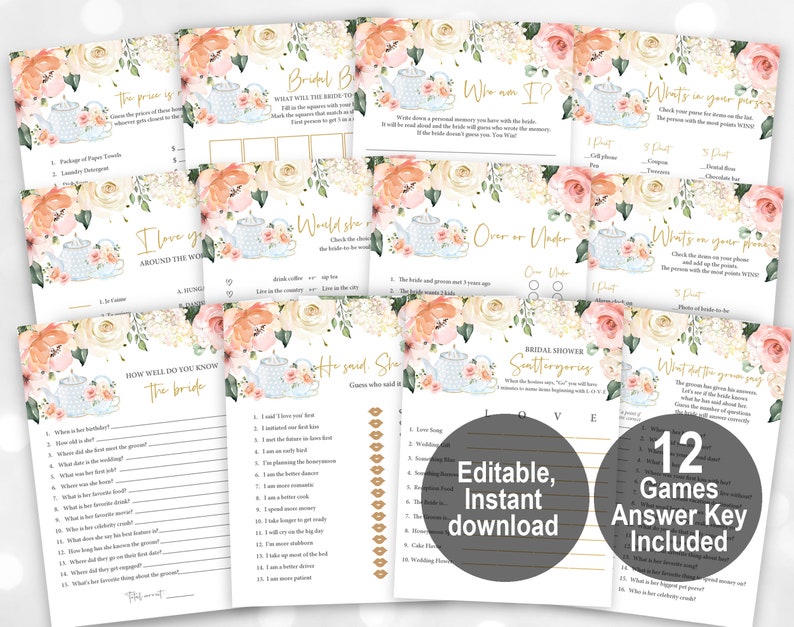 Bridal Shower Tea Party Game Set Bundle Bridal Shower Activity Etsy