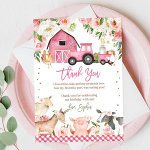 Carte de remerciement d'anniversaire à la ferme, animaux de la ferme, petite fille, remerciement de la basse-cour, fleurs roses, ferme ferme imprimable à télécharger Bir312