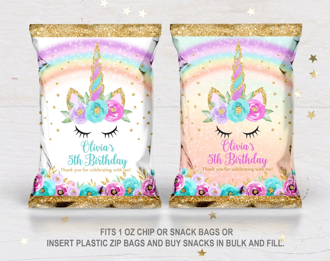 Unicorn Chip Bags Rainbow Gold Glitter EDITABLE, Download Favor Bags