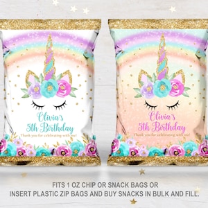 Unicorn Chip Bags Rainbow Gold Glitter  EDITABLE, Download  Favor Bags Unicorn Rainbow Themed   Rain1