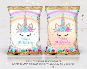 Unicorn Chip Bags Rainbow Gold Glitter  EDITABLE, Download  Favor Bags Unicorn Rainbow Themed   Rain1