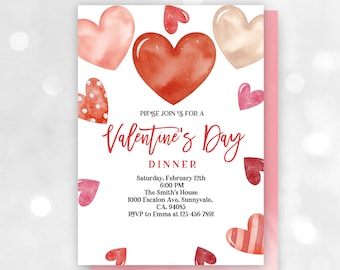 Valentines day Dinner Invitation Heart Valentine's day Party Invite Event Invite Red Pink Hearts Digital Editable Download VaI1