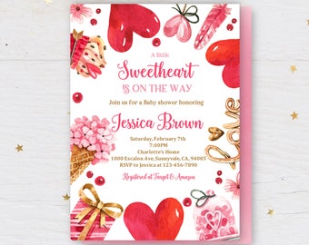 Valentine's Day Baby Shower Invitation - Pink Glitter Hearts, Editable Bab70