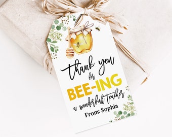 Editable Teacher Gift Tags - Honey Bee Thank You Notes for Volunteers Est, Tat43