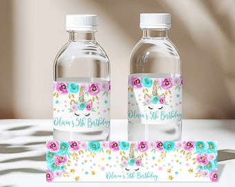 May include: Water bottle labels with a unicorn, flowers, gold glitter, and stars. The labels say "Olivia's 5th Birthday".