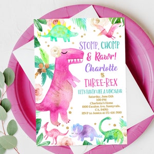 Girl Dinosaur Three-rex invitation Dino Birthday Party Invite Wild One Safari Pink 3rd Birthday Digital Editable Printable Download Bir248