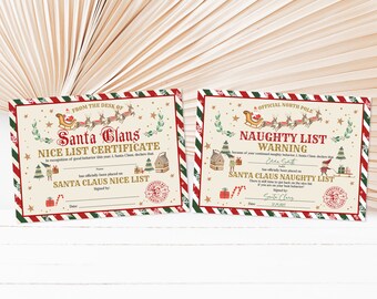 May include: Two printable Christmas certificates, one for a "Nice List Certificate" and one for a "Naughty List Warning". Both certificates feature a red and green striped border, a Santa Claus illustration, and a vintage-style design.