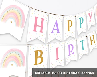 Banner de cumpleaños: Baby Shower arcoíris pastel - Editable e imprimible Bir299
