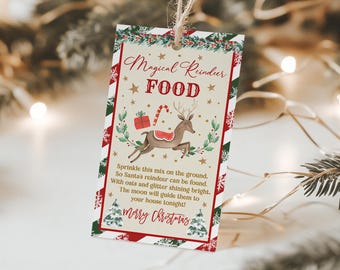 May include: A printable Christmas tag with a red and white striped border and a green and white striped border. The tag features a cartoon reindeer with a red saddle and a candy cane. The text on the tag reads "Magical Reindeer Food" and "Sprinkle this mix on the ground. So Santa's reindeer can be found. With oats and glitter shining bright. The moon will guide them to your house tonight! Merry Christmas!"