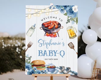 Blue BabyQ Welcome Sign, BBQ Baby Shower (Editable Printable Bab286)