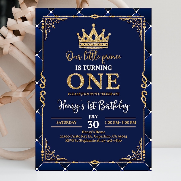 Prince 1st Birthday Invitation Editable Prince First Birthday Invitation Template Crown Royal Blue gold Boy Invite Printable Download Bir372