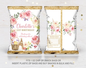 Floral Bunny Easter Birthday Chip Bag - Editable Instant Download Bir100