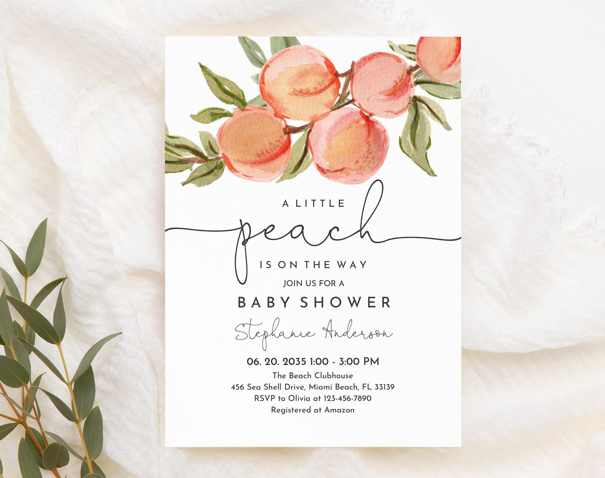 Peach Baby Shower Invitations Editable Little Peach is On the Way Printable Peach Greenery Baby Shower Invitations Sweet as a Peach Bab353