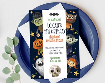 May include: A Halloween-themed birthday party invitation with a blue background and illustrations of a ghost, a pumpkin, a vampire, a witch, and a monster. The text reads "You're invited to Logan's 4th Birthday Halloween Costume Party!" with the date, time, and location listed below. RSVP to Mom at 123-456-7890.
