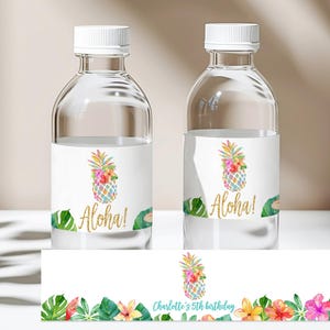 Etiquettes pour bouteilles d'eau ananas 2 modèles inclus Anniversaire hawaïen Aloha Tropical Luau Pool Party Etiquettes pour bouteilles imprimables Bir130