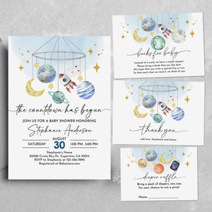 Conjunto de invitación editable para baby shower con tema espacial, galaxia, espacio exterior, es un niño, planetas azules, luna, paquete de invitación con cuenta regresiva, plantilla imprimible Bab270
