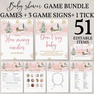Baby Shower Games Bundle: Winter Pine Tree Theme (Editable, Printable Bab126)