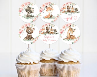 Woodland Cupcake Toppers: Baby Shower Decorations (Editable Blush Pink Bab210)