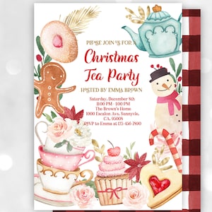 May include: A Christmas tea party invitation with a red and white gingham background. The invitation features watercolor illustrations of a teapot, gingerbread man, snowman, cupcakes, and cookies. The text reads "Please join us for a Christmas Tea Party hosted by Emma Brown. Saturday, December 5th 11:00 PM - 1:00 PM The Brown's Home 1000 Escalon Ave, Sunnyvale, CA, 95008 RSVP to Emma at 123-456-7890"