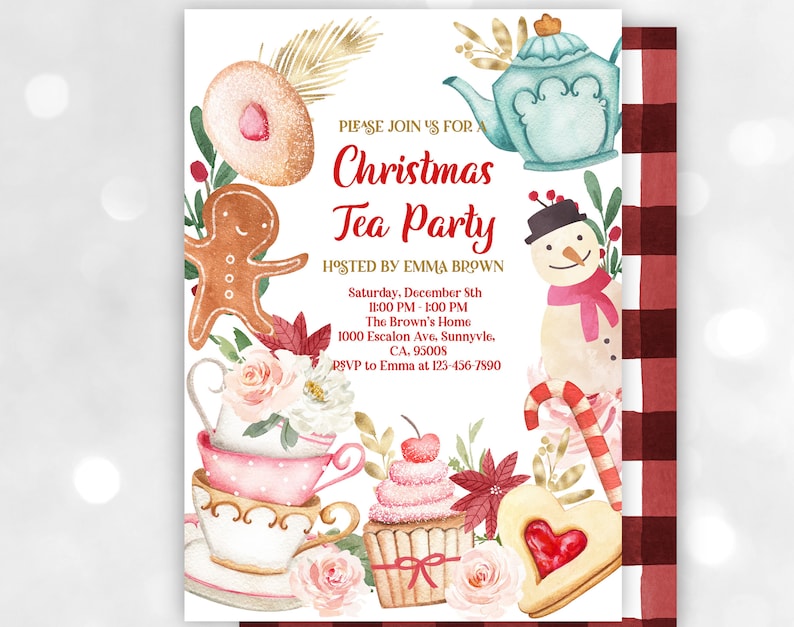 May include: A Christmas tea party invitation with a red and white gingham background. The invitation features watercolor illustrations of a teapot, gingerbread man, snowman, cupcakes, and cookies. The text reads "Please join us for a Christmas Tea Party hosted by Emma Brown. Saturday, December 5th 11:00 PM - 1:00 PM The Brown's Home 1000 Escalon Ave, Sunnyvale, CA, 95008 RSVP to Emma at 123-456-7890"