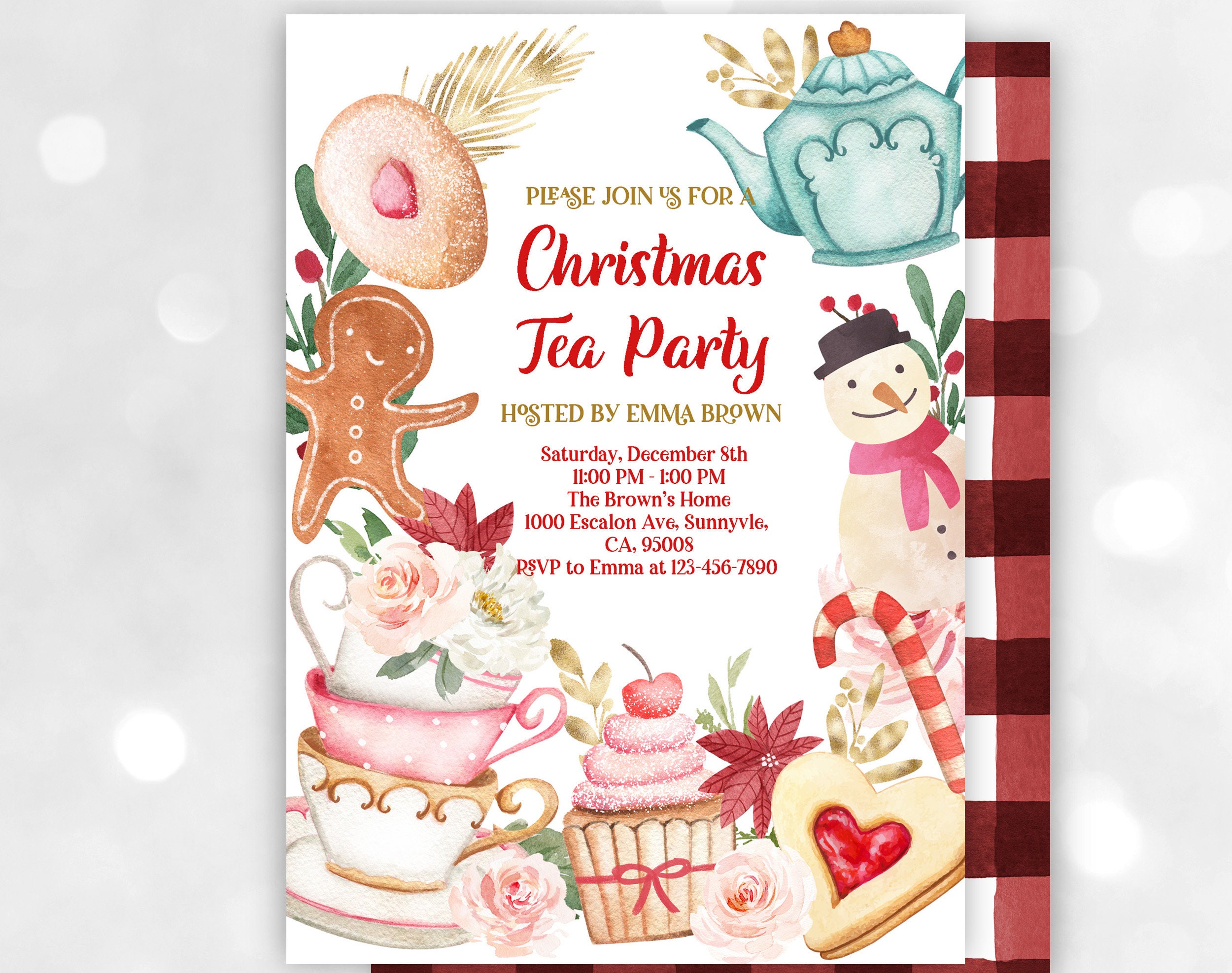 christmas tea party invitation, gingerbread and hot cocoa