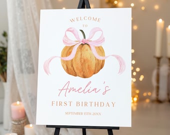 Pumpkin Welcome Sign: Pink Bow Fall Party (Editable Canva Template) Bir520