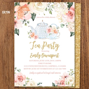 Tea Party Baby Shower Invitation Floral High Tea Invite Time for Tea Brunch Gold Pink Floral Editable Download Printable Bab33 image 1