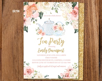 Könnte beinhalten: Eine weiße Einladung zu einer Tee-Party mit rosa und weißen Blumen, einer blauen Teekanne und einer Teetasse sowie goldfarbenem Glitzertext. Der Text lautet "Join us for a baby shower", "Tea Party", "Honoring Emily Davenport", "Saturday, June 15th, 2019, 1:00PM", "Emily's Home", "2125 S Winchester Blvd, Campbell, CA 95008", "RSVP by June 1st to Brittany at 123-456-7890", und "Emily is registered at Target and Amazon".