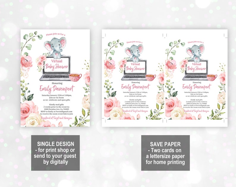 Virtual Elephant Baby Shower Invitation Zoom Party Invite Pink Etsy