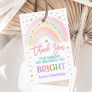 Etichetta di ringraziamento per compleanno arcobaleno Etichetta regalo per festa arcobaleno pastello Etichetta di favore arcobaleno Etichetta per bambina 1° compleanno Modificabile Stampabile Scarica Bir299