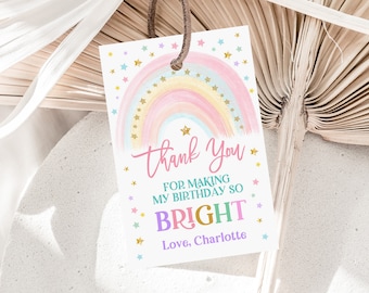 Rainbow Birthday Thank You Tag Pastel Rainbow Party Gift Tag Rainbow favor Label Girl 1st Birthday Editable Printable Download Bir299