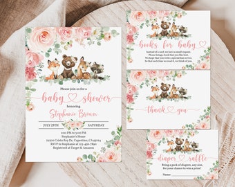 May include: Pink and green baby shower invitation with a floral design and woodland animals. The invitation says "Please join us for a baby shower honoring Stephanie Brown" and includes the date, time, and location of the event. It also includes a request for guests to bring a book for the baby.