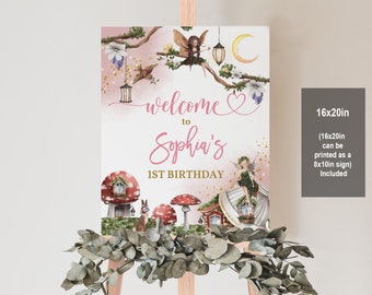 Fee Willkommensschild zum 1. Geburtstag: Bearbeitbarer Boho-Enchanted Forest Bir275