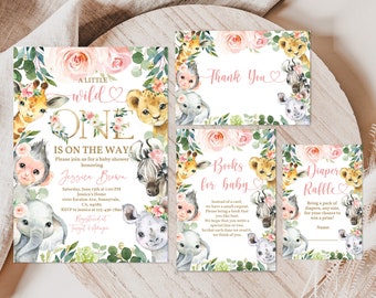 Puede incluir: Una invitación de baby shower rosa y verde con temática de animales de la selva. La invitación dice "A Little Wild One is on the Way!" e incluye una jirafa, un mono, una cebra, un rinoceronte y un elefante. También hay flores rosas y vegetación. La invitación incluye la fecha, la hora y el lugar de la ducha. También incluye el texto "Books for Baby" y "Diaper Raffle".