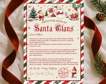 May include: A rectangular letter from Santa Claus featuring a red and green striped border. The text reads From the Desk of Santa Claus, Dear Nathan, and includes illustrations of Santa, a snowy village, a sleigh, and a snowman with a red hat.